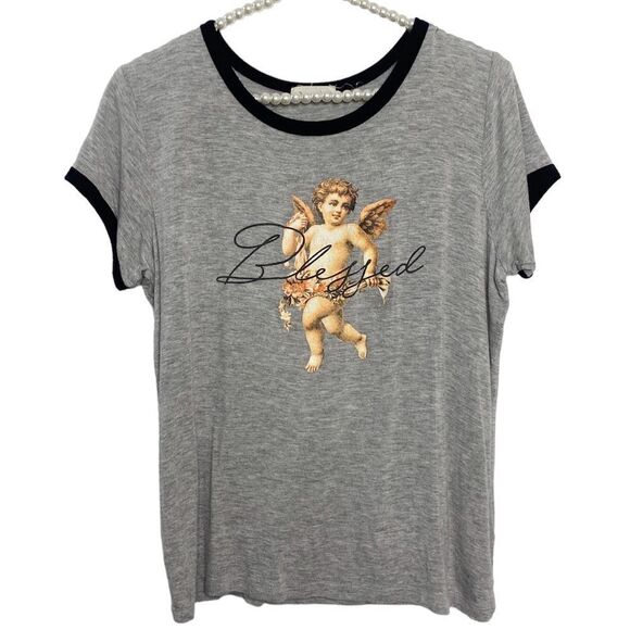 🎄Occasion Angel Blessed Short Sleeve Top Grey and Black Large - Picture 1 of 4